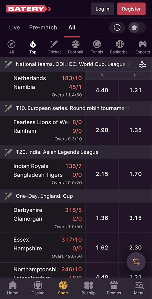 Batery Android app with sports and casino navigation