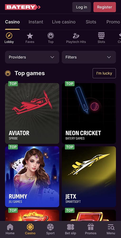 Batery mobile casino interface on iPhone